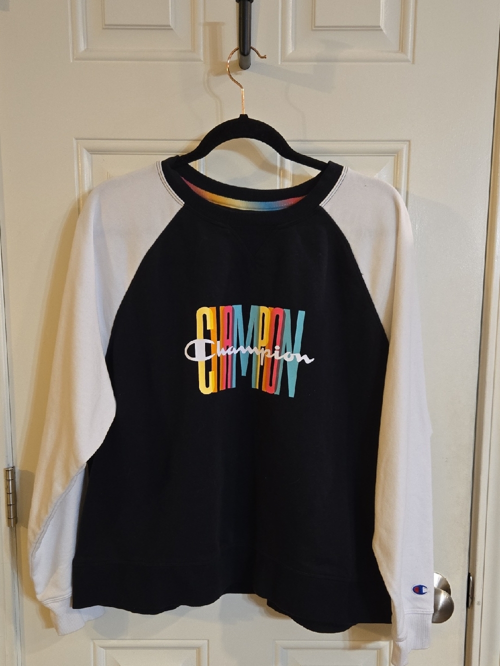 Champion Black Body White Raglan Sweatshirt with Multicolor Logo